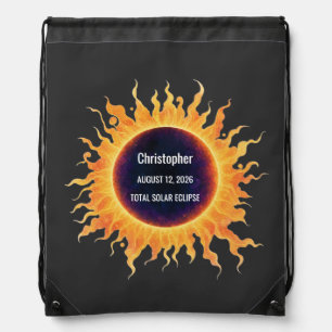 Bold Watercolor Total Solar Eclipse 2026 Name Drawstring Bag