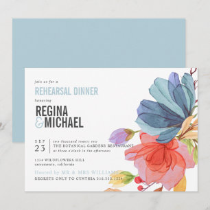 Bold Watercolor Wildflowers aqua Rehearsal Dinner Invitation