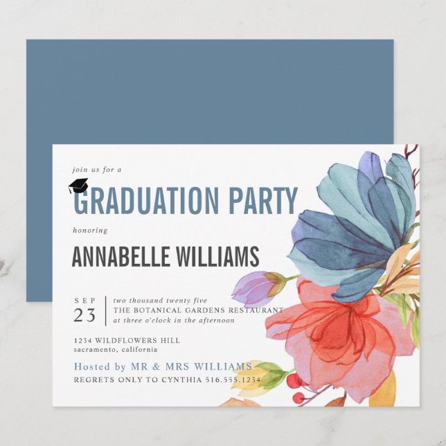 Bold Watercolor Wildflowers Blue Graduation Party Invitation (Front/Back)
