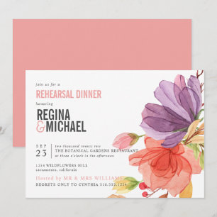 Bold Watercolor Wildflowers Pink Rehearsal Dinner Invitation