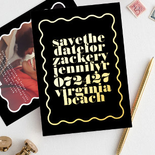 Bold Wavy Frame Black Gold QR Code Photo Foil Invitation