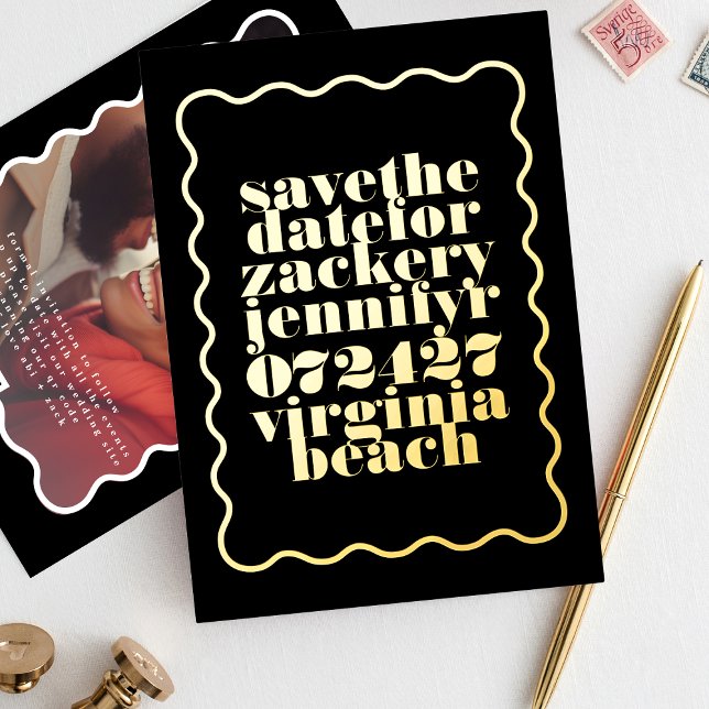 Bold Wavy Frame Black Gold QR Code Photo Foil Invitation (Creator Uploaded)