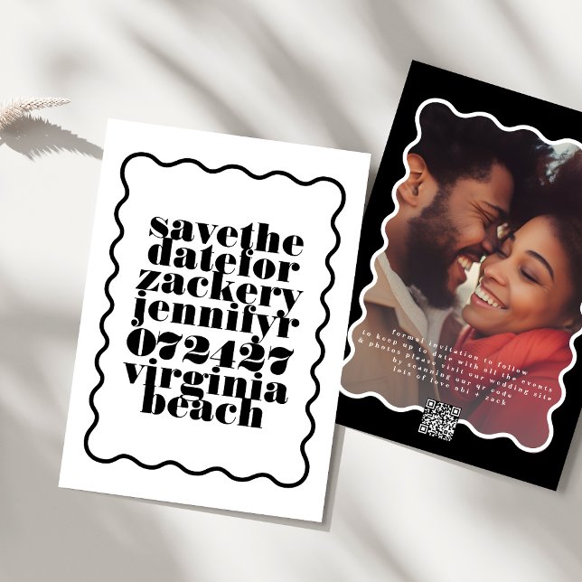 Bold Wavy Frame Black White QR Code Photo Save The Date (Creator Uploaded)