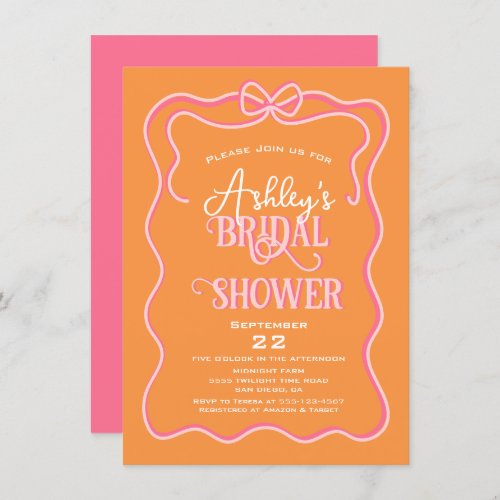 Bold Wavy Frame Bow Pink Orange Bridal Shower Invitation