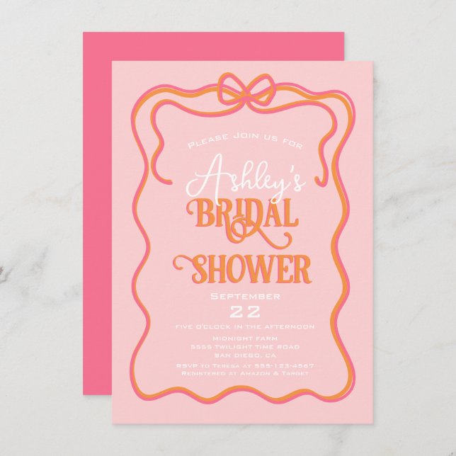 Bold Wavy Frame Bow Pink Orange Bridal Shower Invitation (Front/Back)