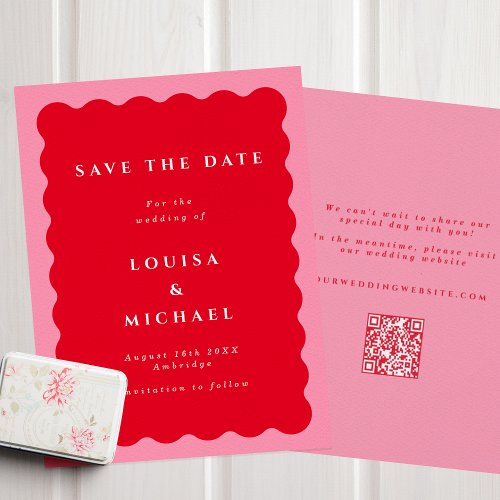 Bold Wavy Red  Pink QR Code Wedding Save The Date