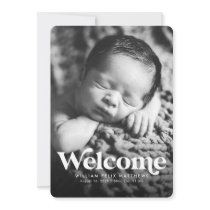 Bold welcome blue vertical birth announcement