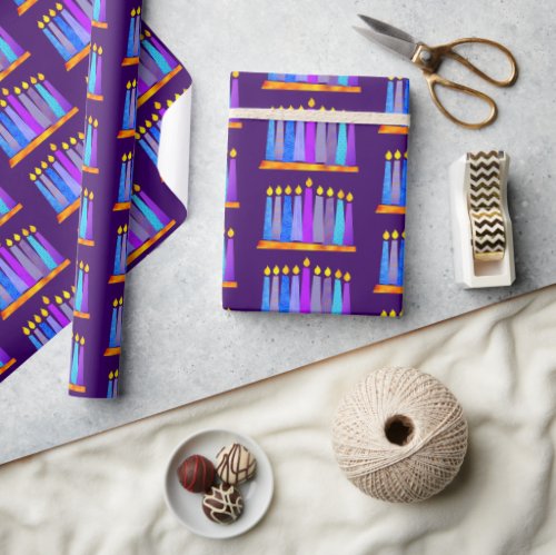 Bold Whimsical Hanukkah Menorah Candles on Purple Wrapping Paper