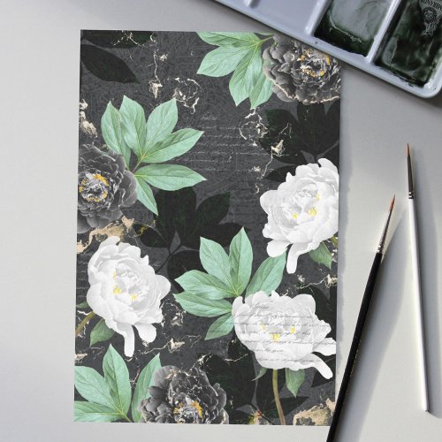 Bold White  Black Peony Flower Pattern Decoupage Tissue Paper