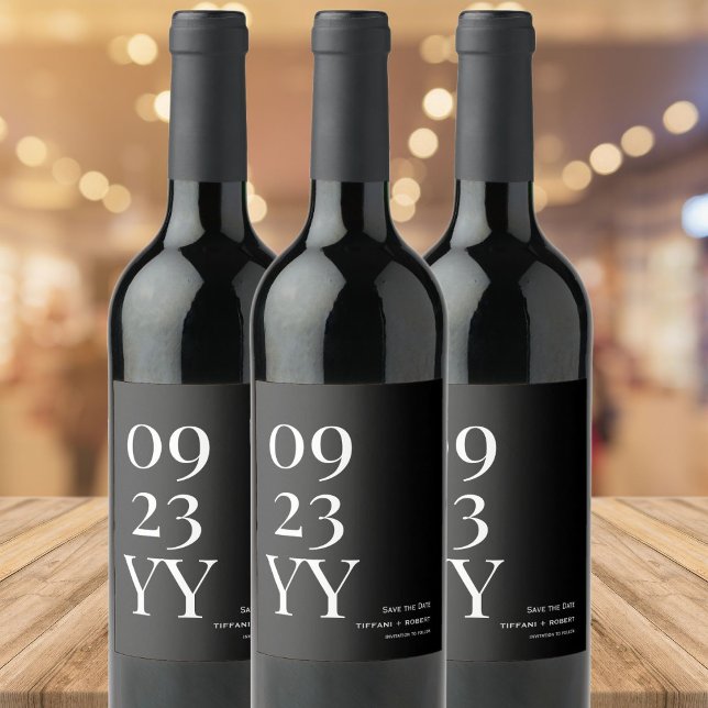 Bold White Date over Black Save the Date Wine Label (Creator Uploaded)