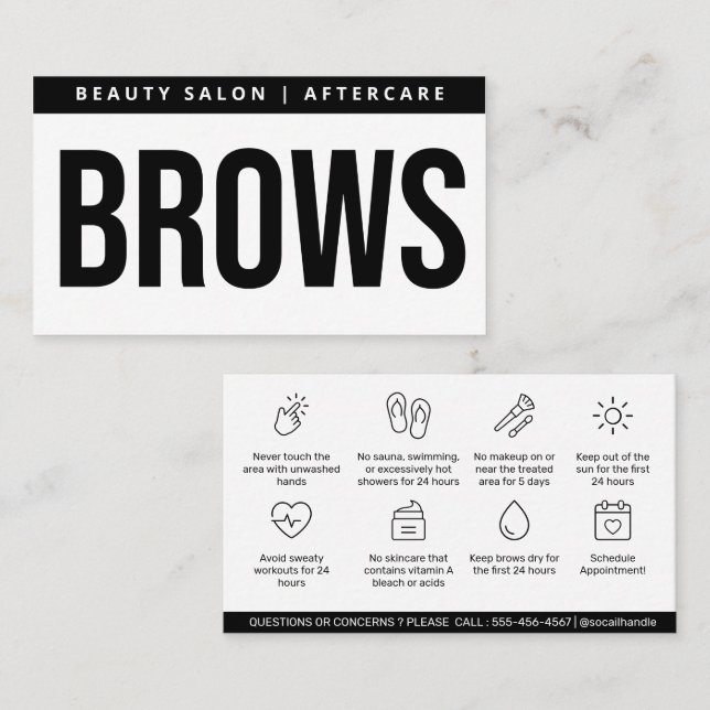 Bold White Minimal Brows Aftercare Guide Business Card (Front/Back)
