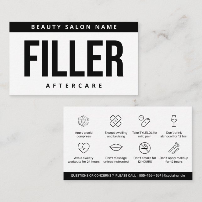 Bold White Minimal Filler Aftercare Guide Business Card (Front/Back)