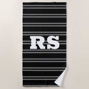 Bold White Monogram, Grey Lines on Black Beach Towel
