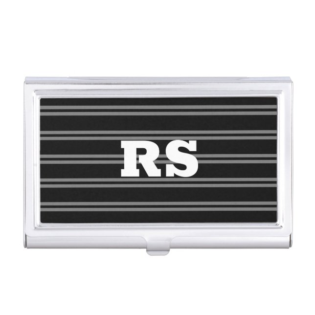 Bold White Monogram, Grey Lines on Black Business Card Case (Front)