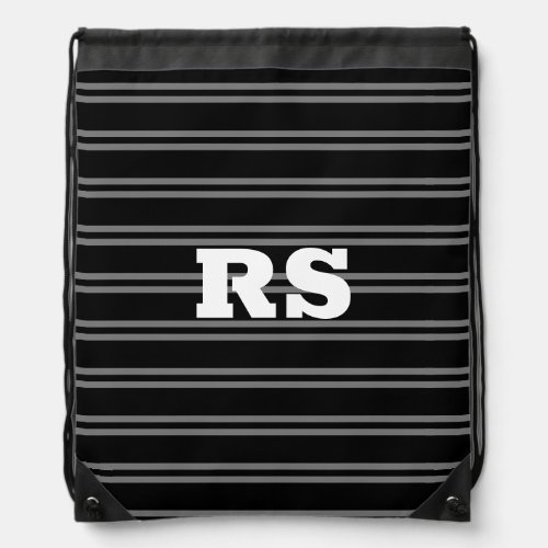 Bold White Monogram Grey Lines on Black Drawstring Bag