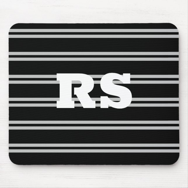 Bold White Monogram, Lt Gray Lines on Black Mouse Pad (Front)