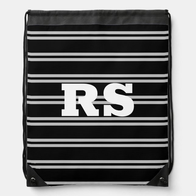 Bold White Monogram, Lt Grey Lines on Black Drawstring Bag (Front)