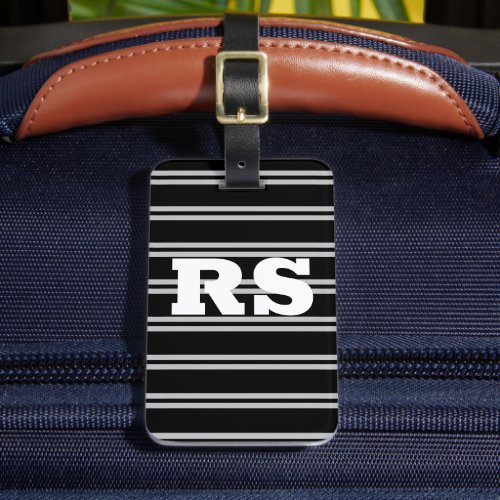 Bold White Monogram Lt Grey Lines on Black Luggage Tag