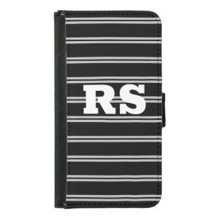 Bold White Monogram, Lt Grey Lines on Black Samsung Galaxy S5 Wallet Case