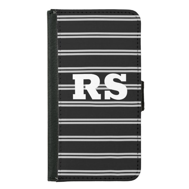 Bold White Monogram, Lt Grey Lines on Black Samsung Galaxy Wallet Case (Front)