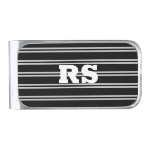 Bold White Monogram, Lt Grey Lines on Black Silver Finish Money Clip