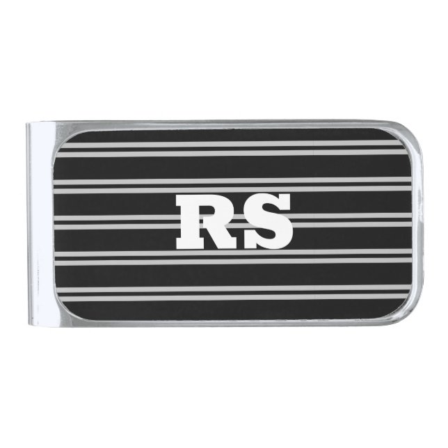 Bold White Monogram, Lt Grey Lines on Black Silver Finish Money Clip (Front)