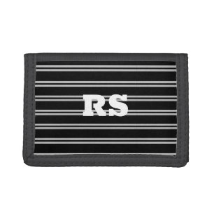 Bold White Monogram, Lt Grey Lines on Black Trifold Wallet
