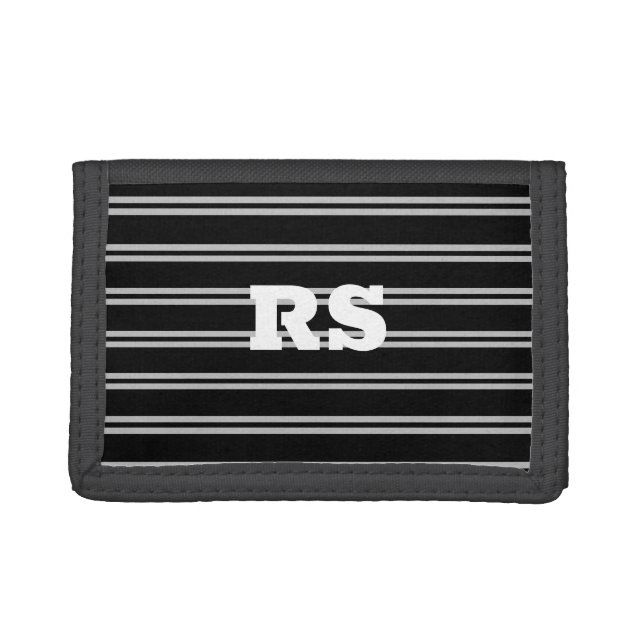 Bold White Monogram, Lt Grey Lines on Black Trifold Wallet (Front)