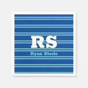 Bold White Monogram, Lt. Teal Lines on Deep Blue Napkins