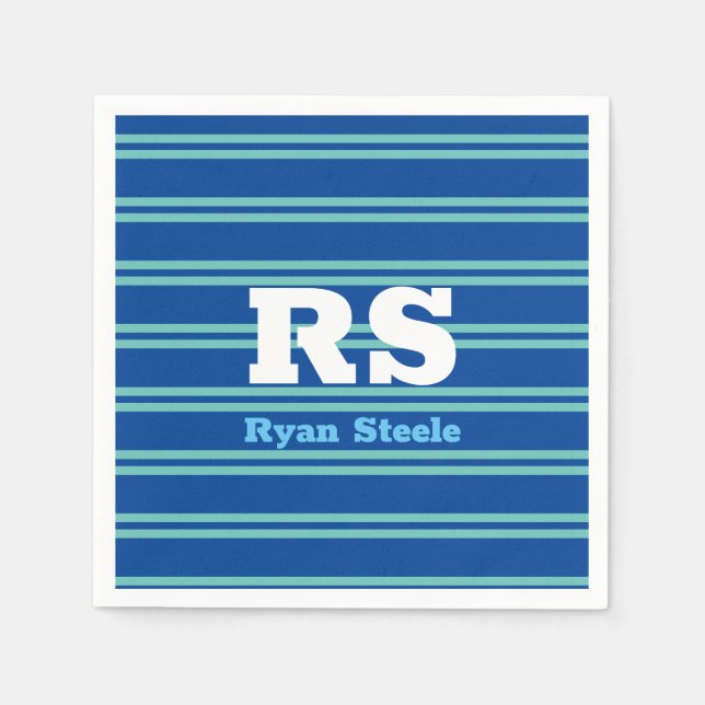 Bold White Monogram, Lt. Teal Lines on Deep Blue Napkins (Front)