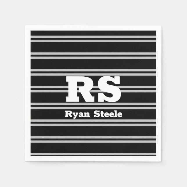 Bold White Monogram & Name, Lt Gray Lines on Black Napkins (Front)