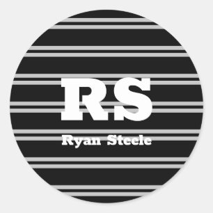 Bold White Monogram & Name, Lt Grey Lines on Black Classic Round Sticker