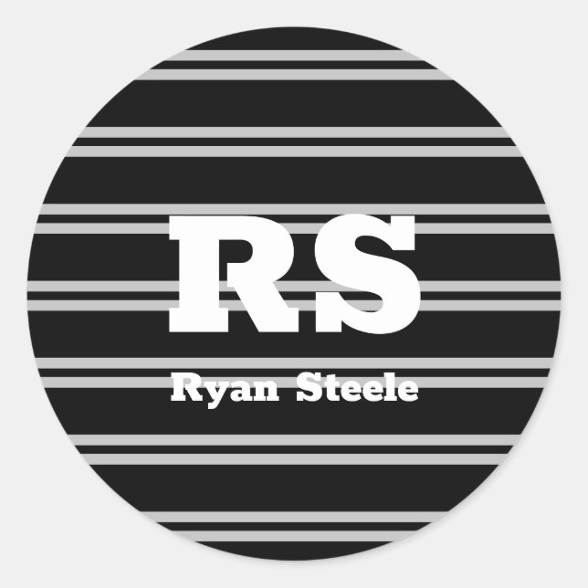 Bold White Monogram & Name, Lt Grey Lines on Black Classic Round Sticker (Front)