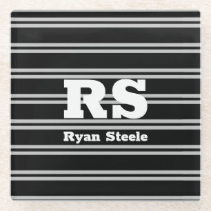 Bold White Monogram & Name, Lt Grey Lines on Black Glass Coaster