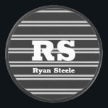 Bold White Monogram & Name, Lt Grey Lines on Black Hockey Puck<br><div class="desc">Personalize bold white monogram and name on light grey lines on black background.</div>