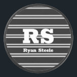Bold White Monogram & Name, Lt Grey Lines on Black Hockey Puck<br><div class="desc">Personalize bold white monogram and name on light grey lines on black background.</div>