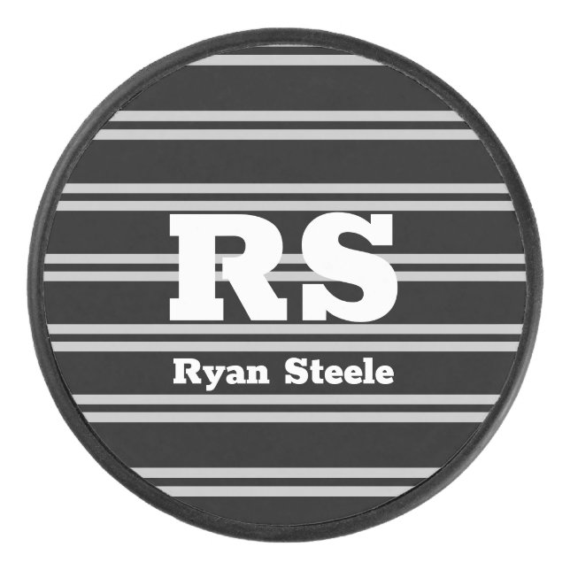 Bold White Monogram & Name, Lt Grey Lines on Black Hockey Puck (Front)