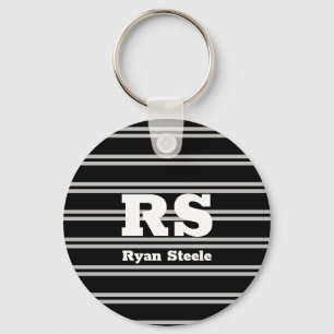 Bold White Monogram & Name, Lt Grey Lines on Black Keychain