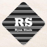 Bold White Monogram & Name, Lt Grey Lines on Black Paper Coaster<br><div class="desc">Personalize bold white monogram and name on light grey lines on black background.</div>