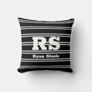 Bold White Monogram & Name, Lt Grey Lines on Black Throw Pillow