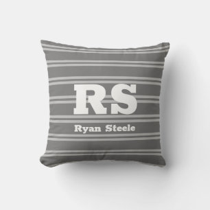 Bold White Monogram & Name, Lt Grey Lines on Grey Throw Pillow