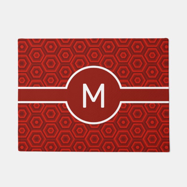 Bold White Monogram on Red Nested Hexagons Doormat (Front)