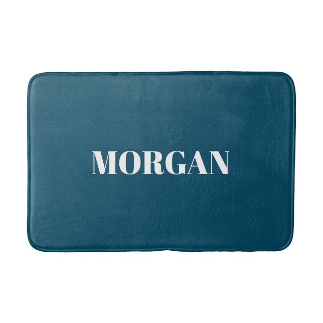 Bold White Name on Deep Blue Bath Mat (Front)