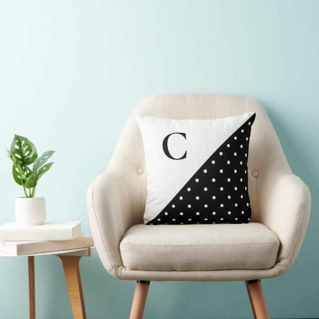 Bold White on Black Polka Dot Pattern Monogram Throw Pillow (Chair)