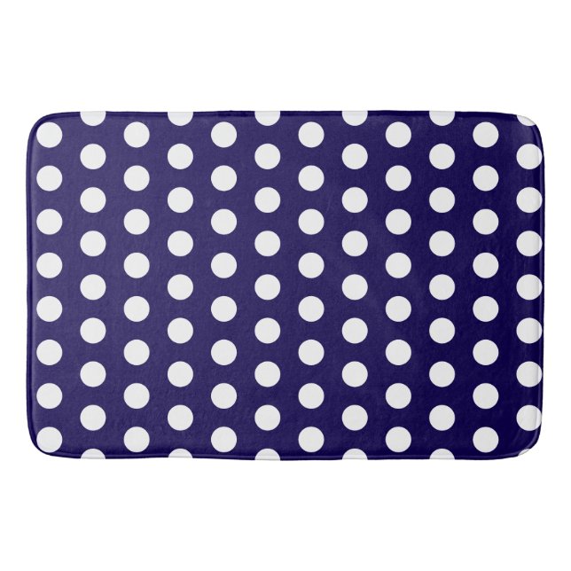 Bold White Polka Dots on Navy Blue  Bath Mat (Front)