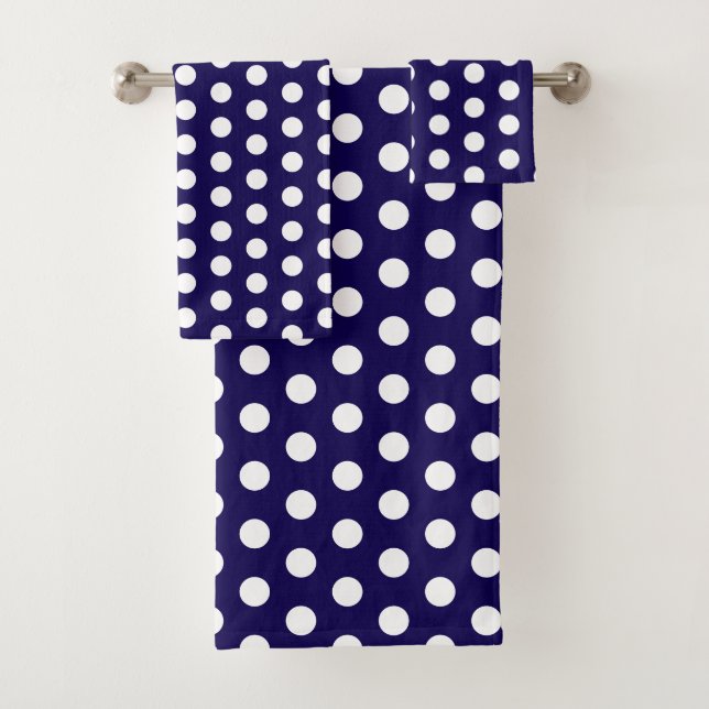 Bold White Polka Dots on Navy Blue  Bath Towel Set (Insitu)