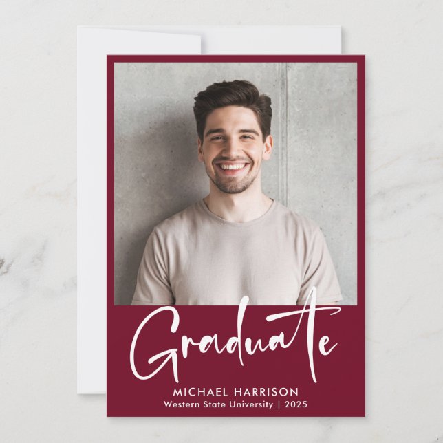 Bold White Script Photo Burgundy Graduation Announcement (Front)