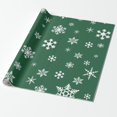 Bold White Snowflakes Dark Leaf Green Holiday Wrapping Paper