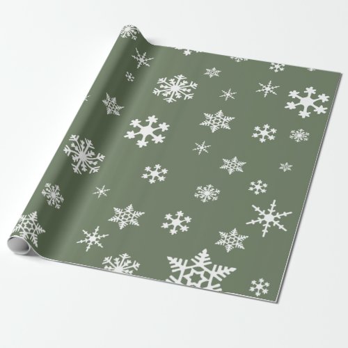 Bold White Snowflakes on Olive Green Holiday Wrapping Paper