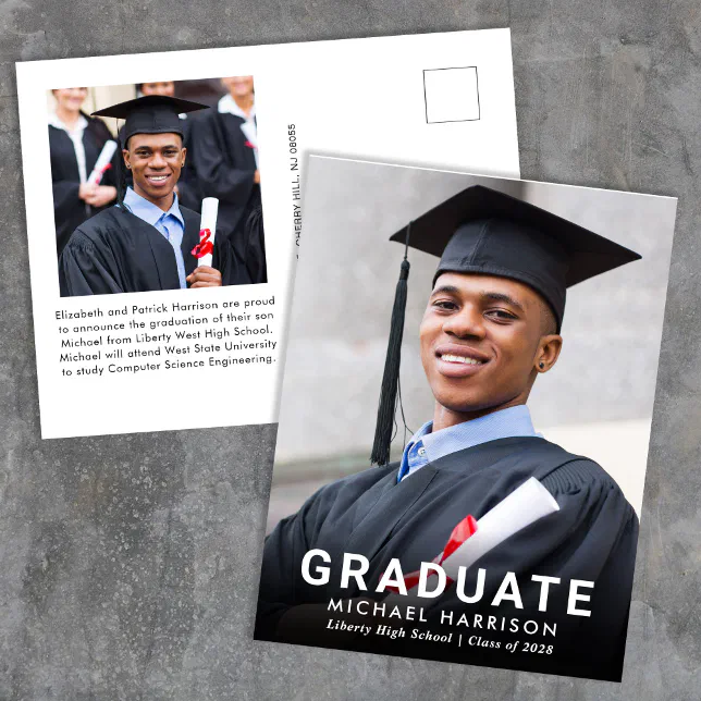 Bold White Typography Photo Graduation Announcement Postcard Zazzle